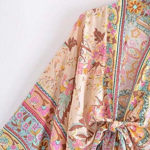 Wanderlust Tie Front Bohemian Floral Kimono Top - Pink | Moonlight Gypsea