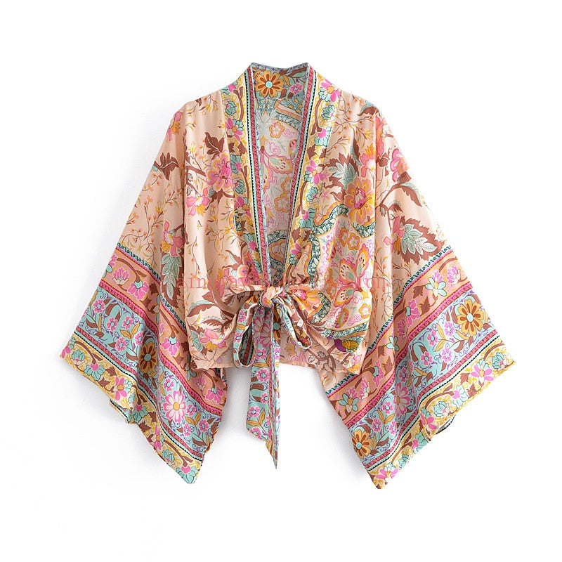 Wanderlust Tie Front Bohemian Floral Kimono Top - Pink | Moonlight Gypsea