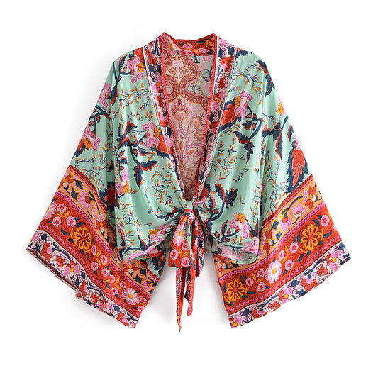 Bohemian Wanderlust Tie Front Floral Kimono Top - Red | Moonlight Gypsea