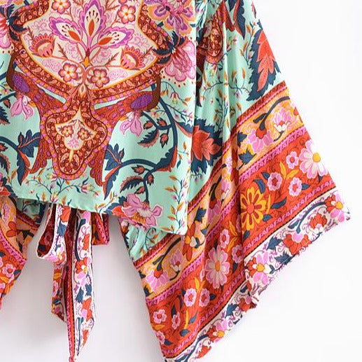 Bohemian Wanderlust Tie Front Floral Kimono Top - Red | Moonlight Gypsea